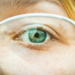 Close-up photography of eye with glasses