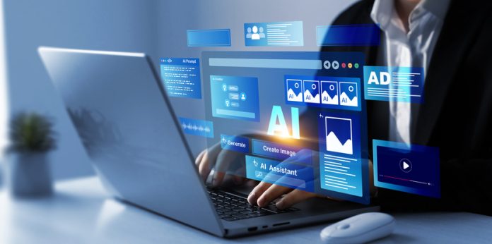 Person using laptop with Ai Content Generator. Interaction with the Ai assistant to solve some tasks more easily.