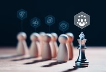 Chess king stands with wooden figures and leadership icons, representing the concept of effective leadership, meritocracy, highlights the importance of strategy, competition and intelligence in achieving success